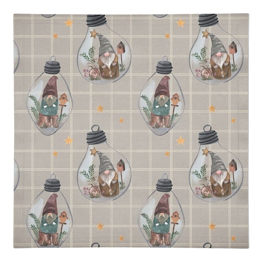 Gray & White Check Gnome Globe Pattern Cotton Twill Napkin